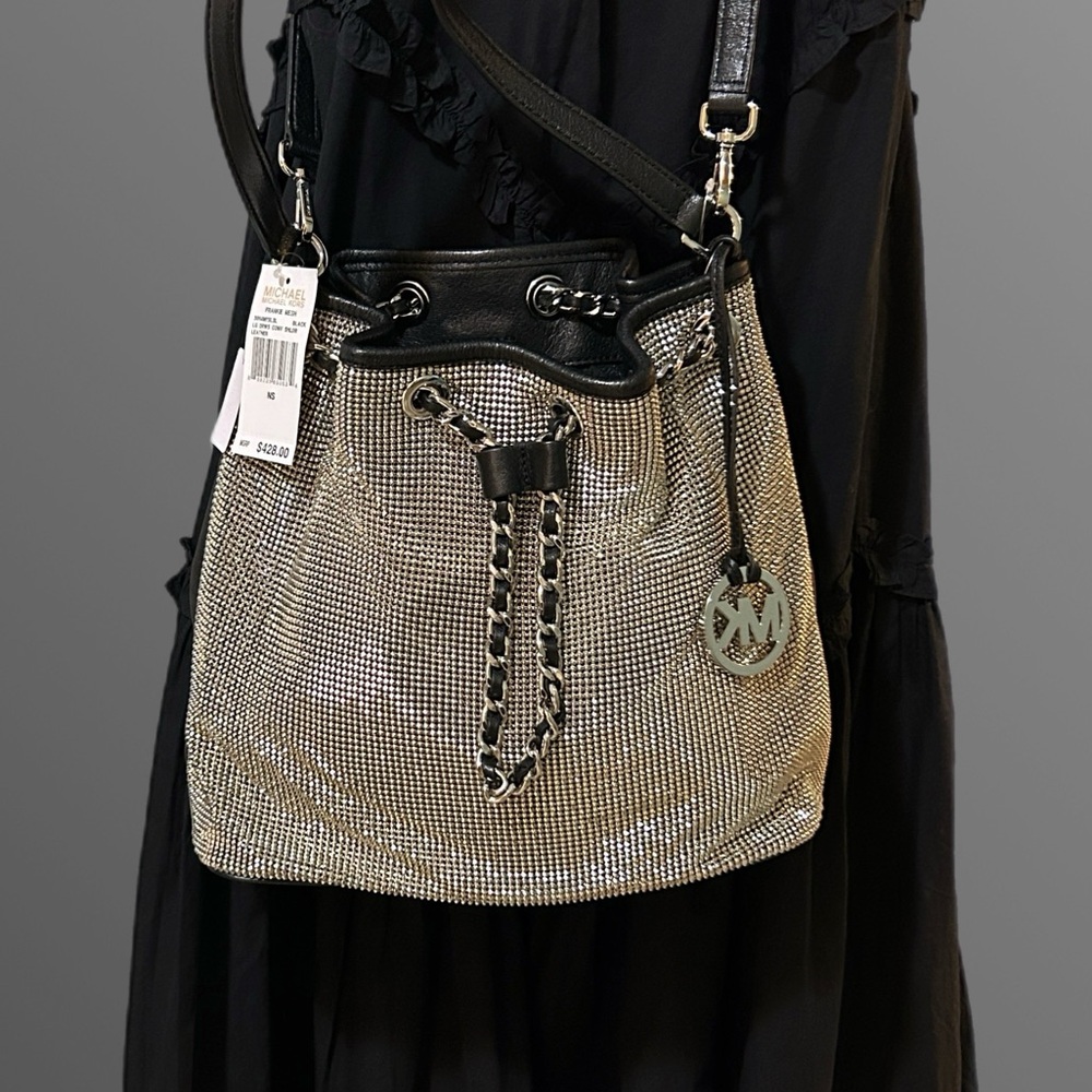 MICHAEL Michael Kors Black Mesh and Leather Frankie Drawstring Shoulder Bag